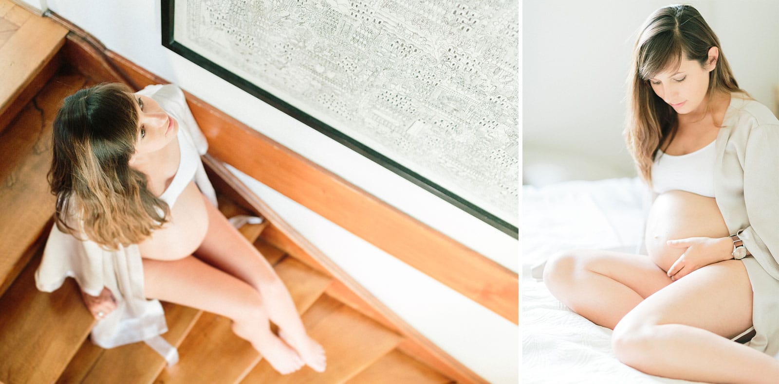 Photos d'une séance grossesse à Aix les Bains vers Annecy et Genève la future maman est assise dans l'escalier