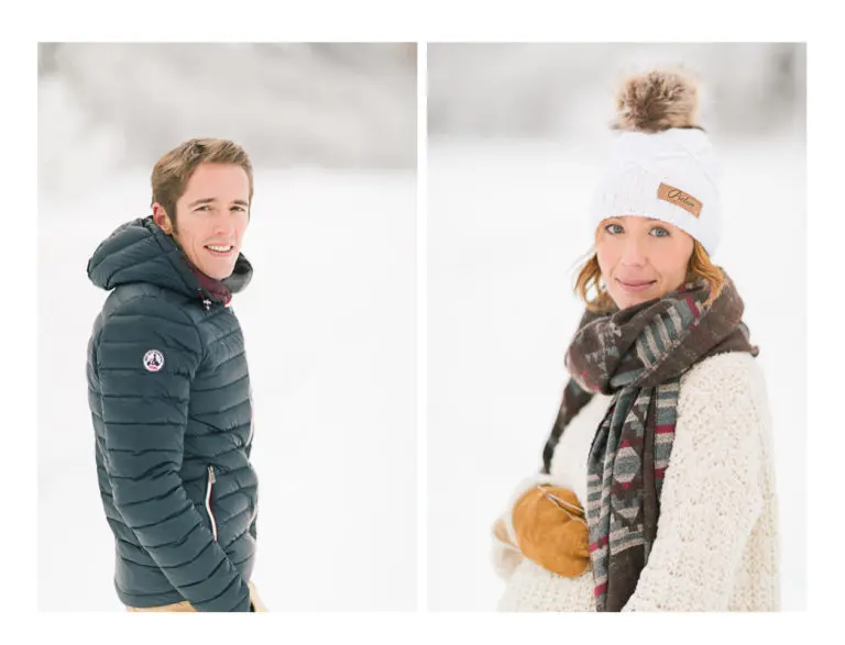 Photographe grossesse et maternité à Chamonix et Megève près du Mont Blanc en Haute Savoie (74). Photo d'un couple au bord du lac de Montriond à Morzine en hiver dans la neige et à la montagne