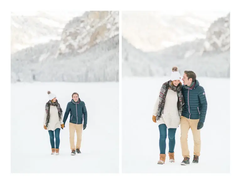 Photographe portrait et coupleà Chamonix et Megève près du Mont Blanc en Haute Savoie (74). Photos de portrait d'un couple au bord du lac de Montriond à Morzine en hiver dans la neige et à la montagne