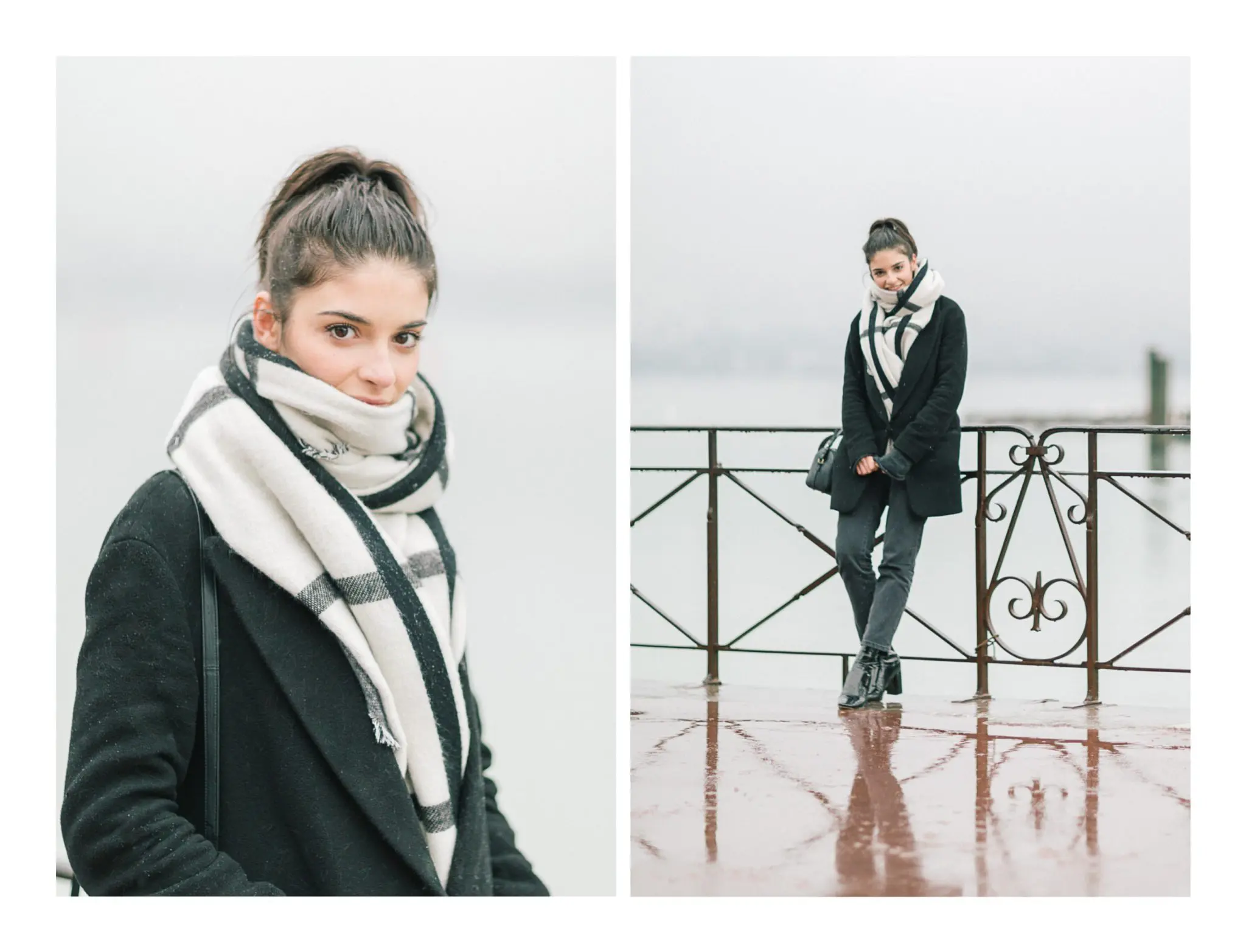 Photo de portrait de Éléonore Sarrazin alors qu'il neige pendant le shooting photo à Annecy