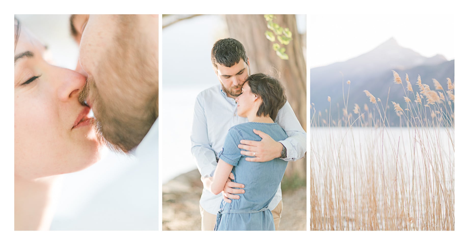 Séance photos de portrait de couple à Annecy près de Genève, il y a 3 photos une photos avec un baiser, un ou le couple s'enlace, une autre du lac